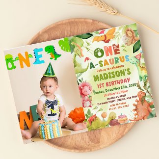Dinosaur One-A-Saurus Greenery 1st Birthday Photo Invitation