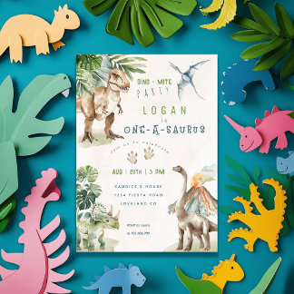 Dinosaur One-A-Saurus Party Dinosaur 1st Birthday Invitation