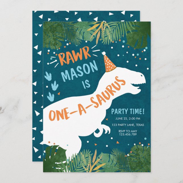 Dinosaur One-A-Saurus RAWR 1st First Birthday Invitation (Front/Back)