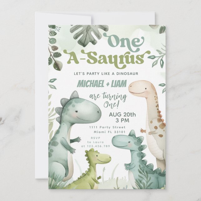 Dinosaur One-A-Saurus Twin Boys 1st Birthday Party Invitation (Front)