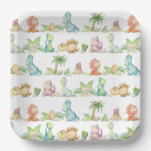 Dinosaur Paper Plates, Watercolor Dino Party Plate
