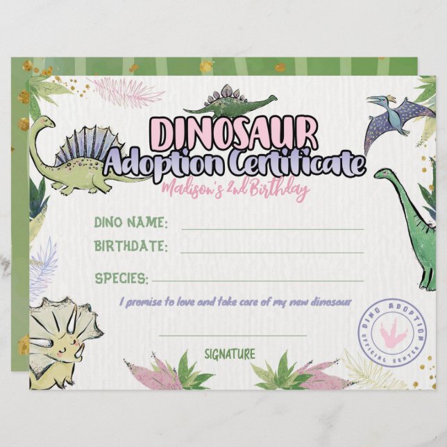 Dinosaur Party Theme, Dino Adoption Certificate (Front/Back)