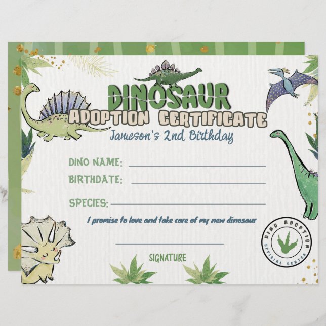 Dinosaur Party Theme, Dino Adoption Certificate (Front/Back)