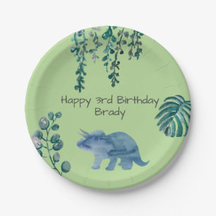 Dinosaur Party Triceratops Green Paper Plate