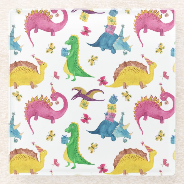 Dinosaur party: watercolor pattern. glass coaster (Front)