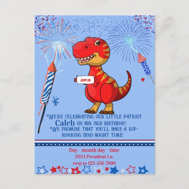 Dinosaur patriotic birthday, postcard (Front)