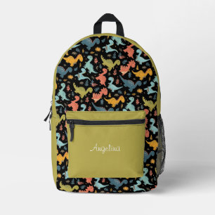Dinosaur pattern black yellow lime name printed backpack