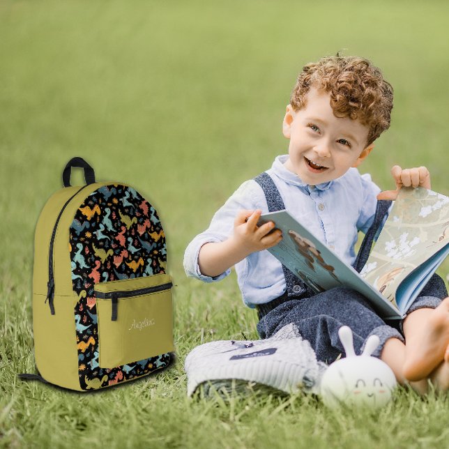 Dinosaur pattern black yellow lime name  printed backpack (Creator Uploaded)