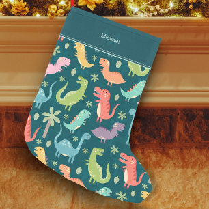 Dinosaur Pattern Blue Kid Monogram Boy Small Christmas Stocking