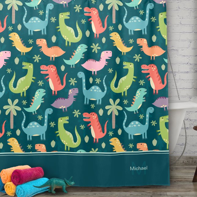 Dinosaur Pattern Blue Monogrammed Kid Boy Bathroom Shower Curtain (Creator Uploaded)