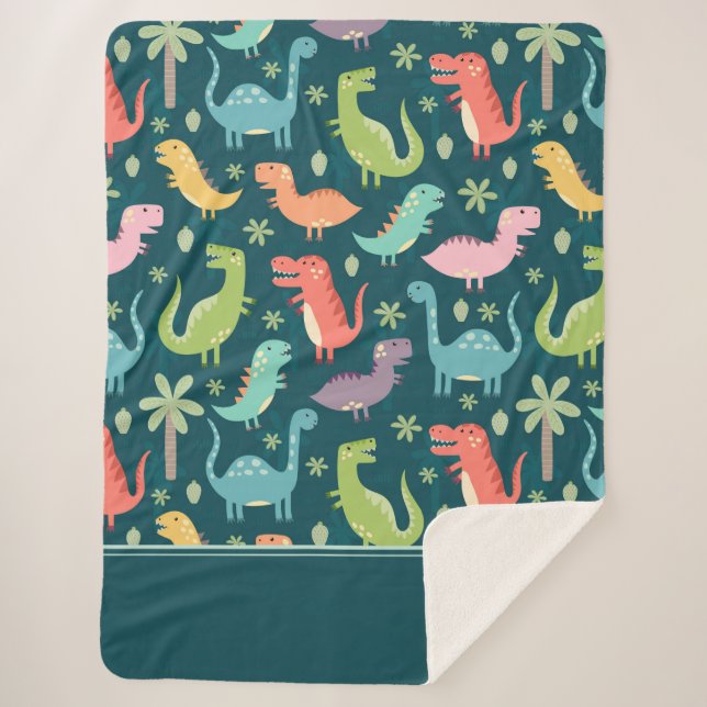 Dinosaur Pattern Blue Monogrammed Kid Boy Sherpa Blanket (Front)