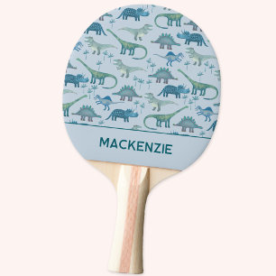 Dinosaur Pattern Blue Personalised Name Ping Pong Paddle