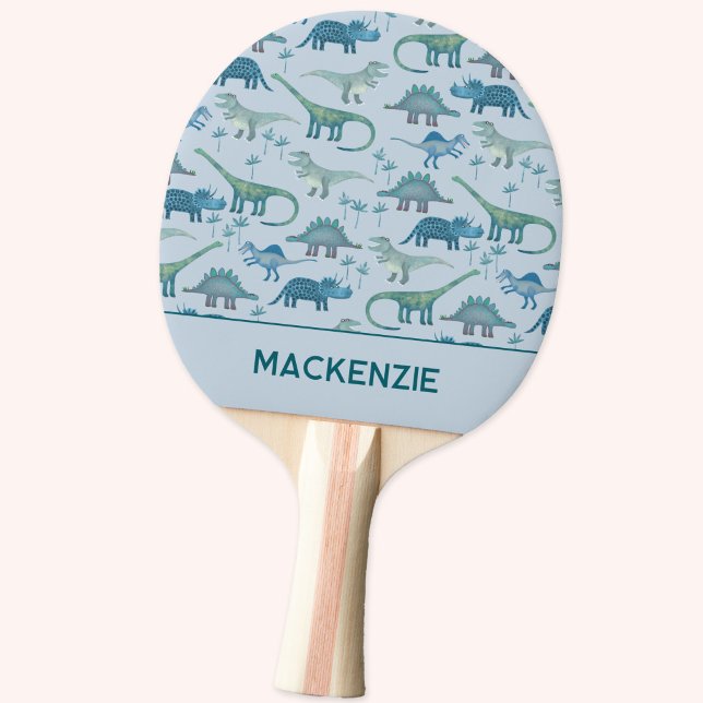 Dinosaur Pattern Blue Personalised Name Ping Pong Paddle (Personalized custom name dinosaur ping pong paddle)
