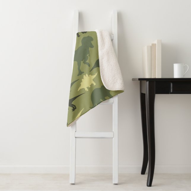Dinosaur Pattern, Dinosaur Silhouette, Green Dino Sherpa Blanket (In Situ)