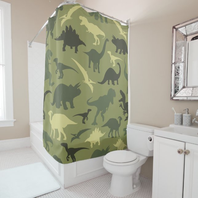 Dinosaur Pattern, Dinosaur Silhouette, Green Dino Shower Curtain (In Situ)