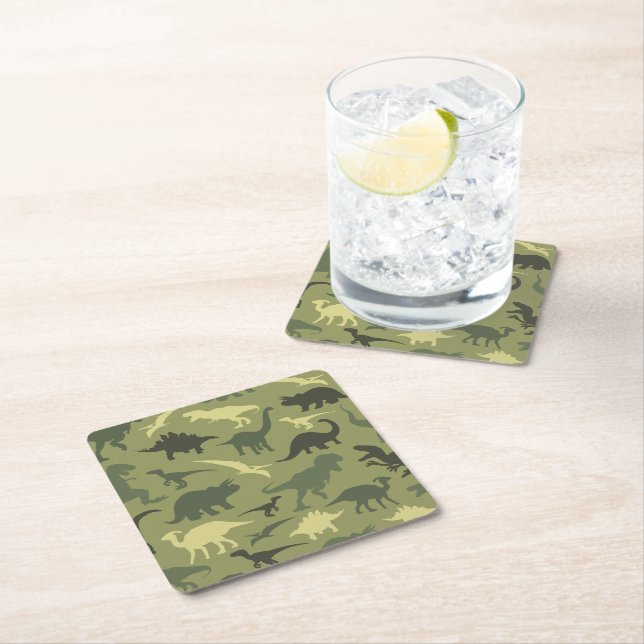 Dinosaur Pattern, Dinosaur Silhouette, Green Dino Square Paper Coaster (Insitu)
