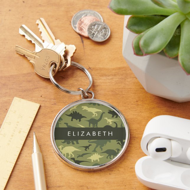 Dinosaur Pattern, Dinosaur Silhouette, Your Name Key Ring (Desk)