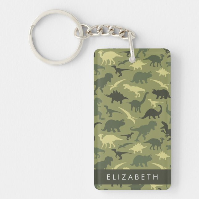Dinosaur Pattern, Dinosaur Silhouette, Your Name Key Ring (Front)