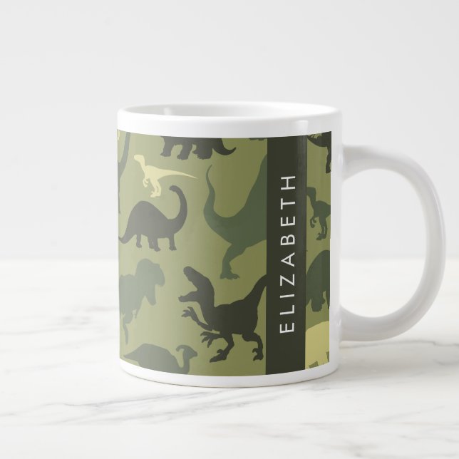Dinosaur Pattern, Dinosaur Silhouette, Your Name Large Coffee Mug (Right)