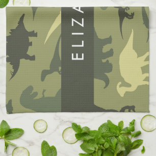 Dinosaur Pattern, Dinosaur Silhouette, Your Name Tea Towel