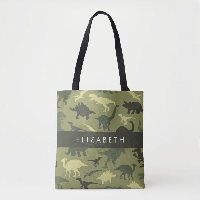 Dinosaur Pattern, Dinosaur Silhouette, Your Name Tote Bag (Front)