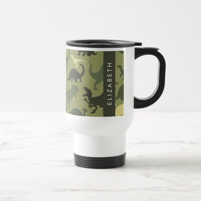 Dinosaur Pattern, Dinosaur Silhouette, Your Name Travel Mug (Right)