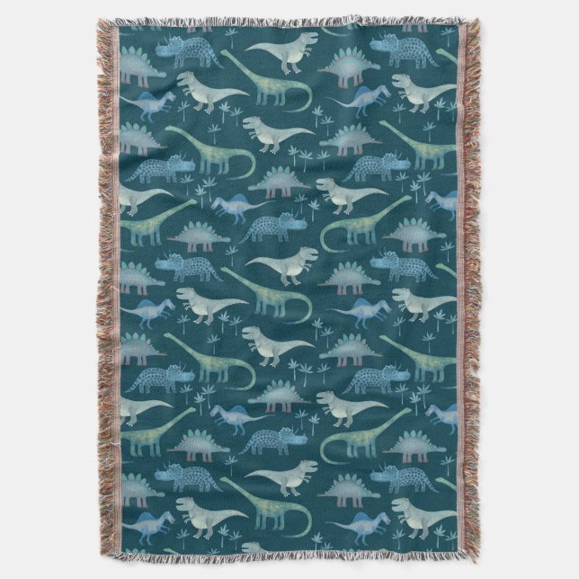 Dinosaur Pattern Teal Green Throw Blanket (Front Vertical)