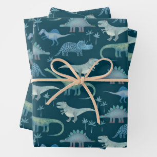 Dinosaur Pattern Teal Wrapping Paper Sheet