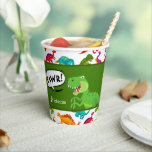 Dinosaur Pattern with Name T-Rex Birthday Party Paper Cups<br><div class="desc">Does your little boy or girl love dinosaurs? This birthday party paper cup set is perfect! Each paper cup has a T-Rex saying RAWR, dinosaur footprints and your little kid's name on white, a green background, and a fun colourful dino pattern. This custom set makes a great personalised addition to...</div>