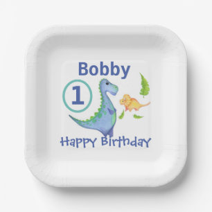 Dinosaur Personalise 1st Birthday Little Boy's Paper Plate