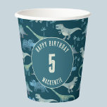 Dinosaur Personalised Age Kids Birthday Party Paper Cups<br><div class="desc">Time for a wild birthday party!  A fun bunch of adorable dinosaurs on a dark teal green background,  ready to customise with your child's name and age.  Great for any age child,  boy or girl.  Original art by Nic Squirrell.</div>