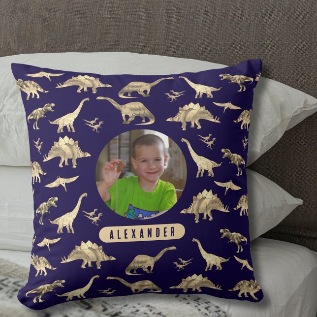 Dinosaur Personalised Boys Photo and Name Cushion (Dinosaur pattern personalized name and photo navy blue pillow T-Rex velociraptor stegosaurus dinos)