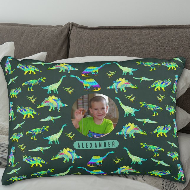 Dinosaur Personalised Boys Photo and Name Decorative Cushion (Colorful dinosaur pattern personalized name and photo boys green pillow T-Rex velociraptor dinos)