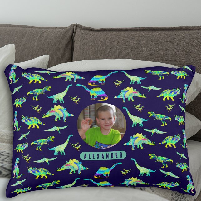 Dinosaur Personalised Boys Photo and Name Decorative Cushion (Colorful dinosaur pattern personalized name and photo boys navy blue and green pillow)
