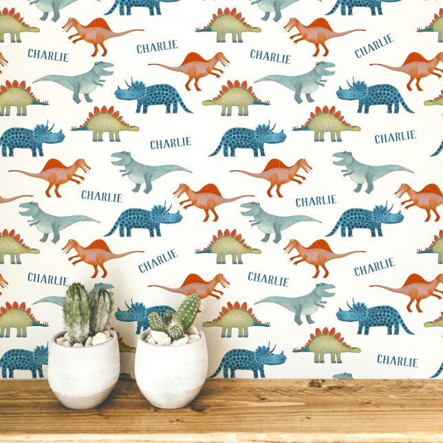 Dinosaur Personalised Name Wallpaper (Fun unique personalized dinosaur wallpaper with child's name for kid's room and nursery)