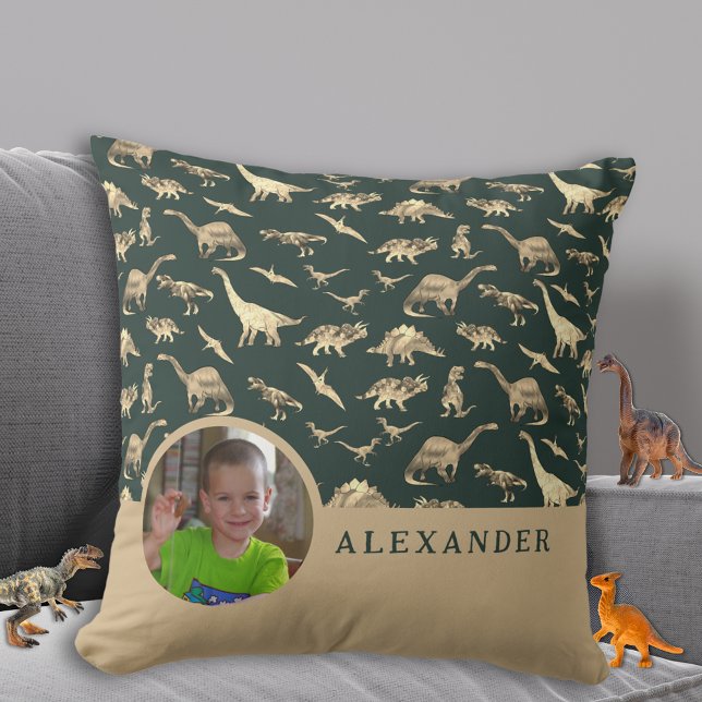 Dinosaur Personalised Photo and Name Green Cushion (Dinosaur pattern personalized kids photo and name green pillow Custom dino kids bedroom home decor)