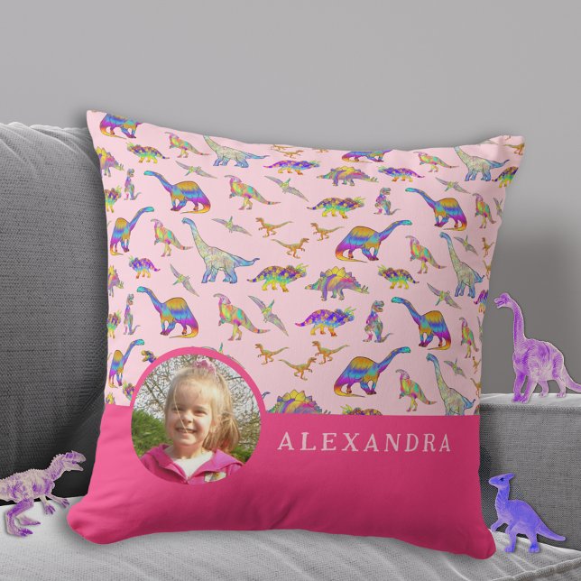 Dinosaur Personalised Photo and Name Pink Cushion (Colorful dinosaur personalized photo and name pink pillow Custom dino kids bedroom decor)