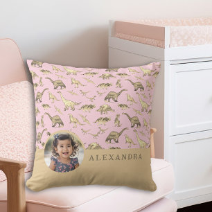 Dinosaur Personalized Photo and Name Pink Cushion