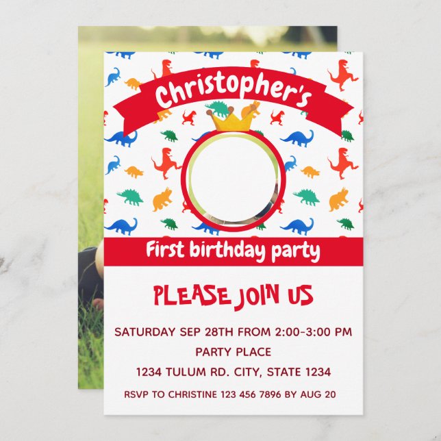 Dinosaur Photo Party Red Invitation (Front/Back)