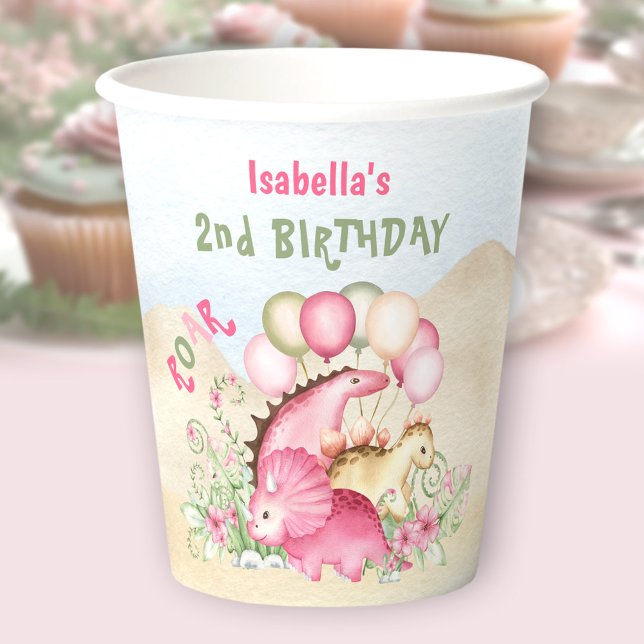 Dinosaur Pink Pastel Cute Floral Girl Birthday Paper Cups (Dinosaur Pink Pastel Cute Floral Girl Birthday Paper Cups)