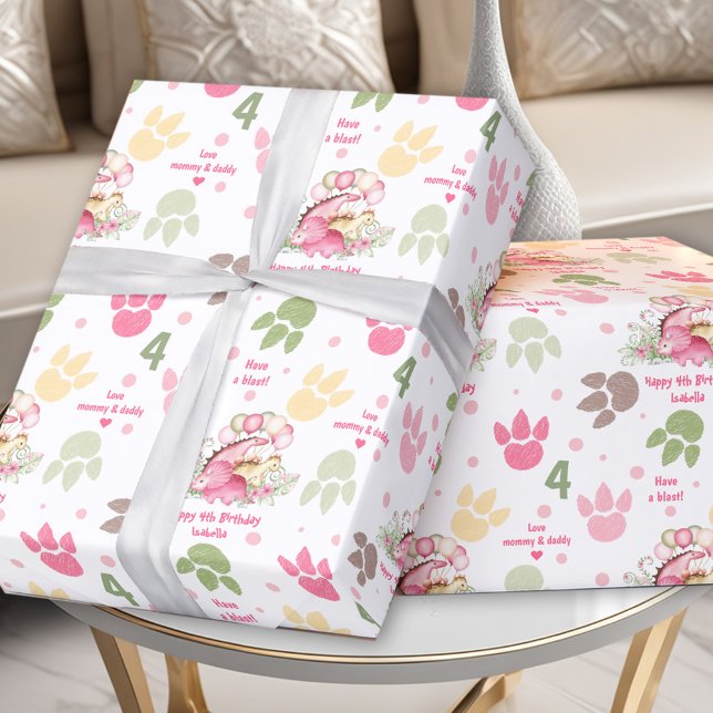 Dinosaur Pink Pastel Cute Girl Birthday Name Text Wrapping Paper (Dinosaur Pink Pastel Cute Girl Birthday Name Text Wrapping Paper)