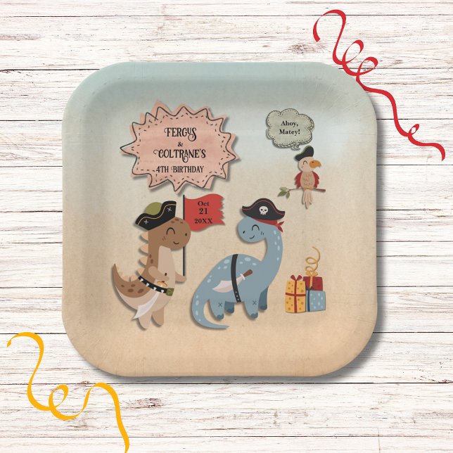 Dinosaur Pirate Birthday Party Twin Boys Custom Paper Plate (Dino Pirate Twins Birthday Party paper plates with TRex and Brontosaurus dressed as Pirates.)