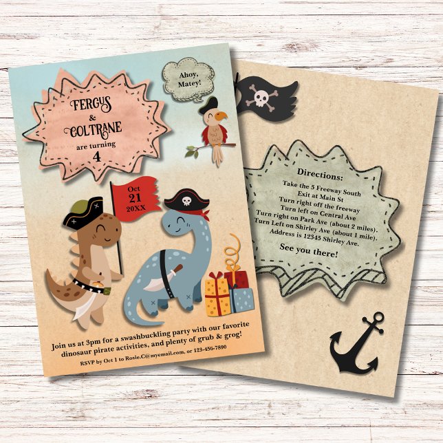 Dinosaur Pirate Twin Boys Birthday Party Custom Invitation (Treat your twins to a Dino Pirate Birthday Party! TRex & Brontosaurus party in their pirate gear.)