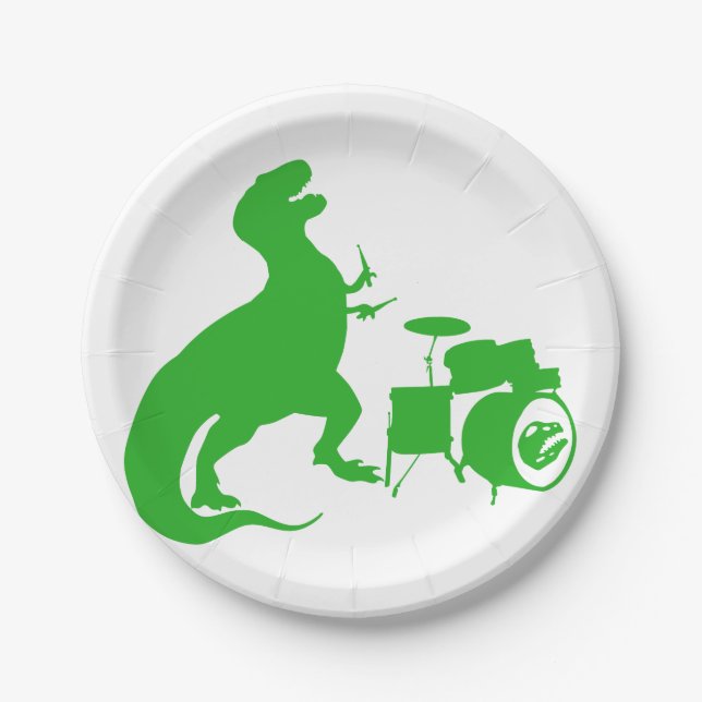 Dinosaur playing drums - Choose background color Paper Plate (Front)