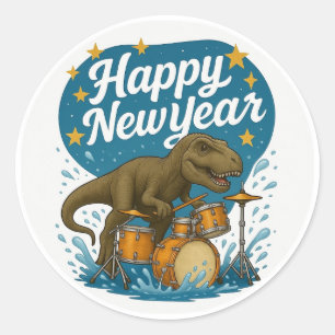 Dinosaur Playing Drums Sticker Happy New year.