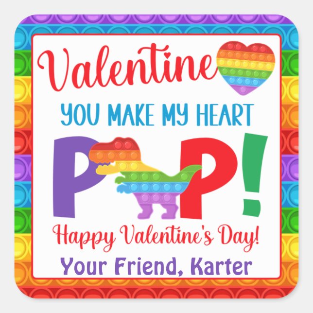 Dinosaur Pop It Kids' Valentine's Day Square Sticker (Front)