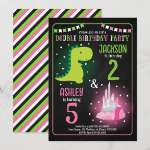 Dinosaur Princess Boy Girl Siblings Joint Birthday Invitation