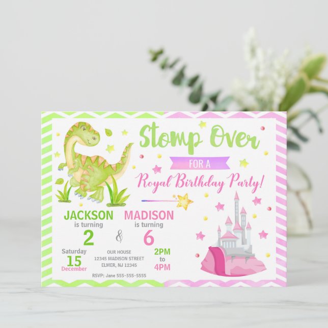 Dinosaur & Princess Joint Birthday Invitation (Standing Front)