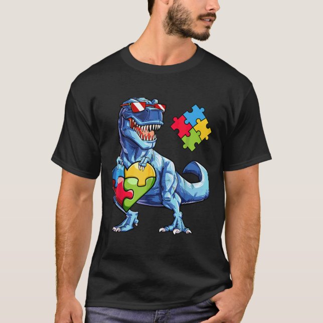 Dinosaur Puzzle Piece Autism Awareness Boys Kids M T-Shirt (Front)