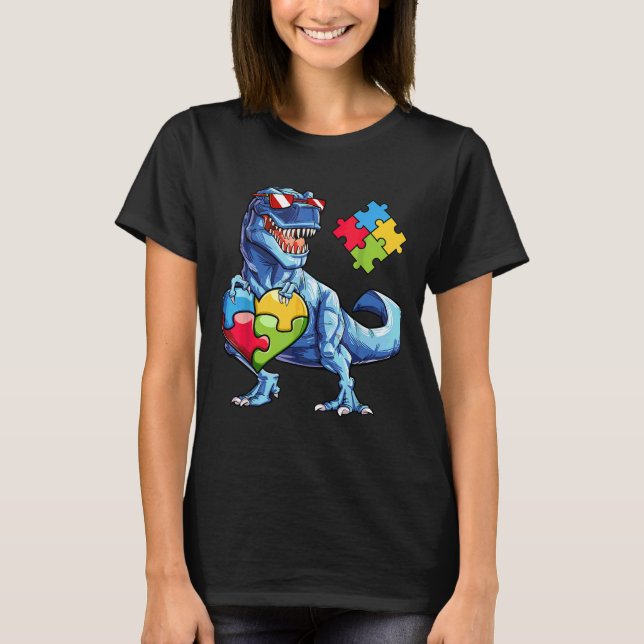 Dinosaur Puzzle Piece Autism Awareness Boys Kids M T-Shirt (Front)